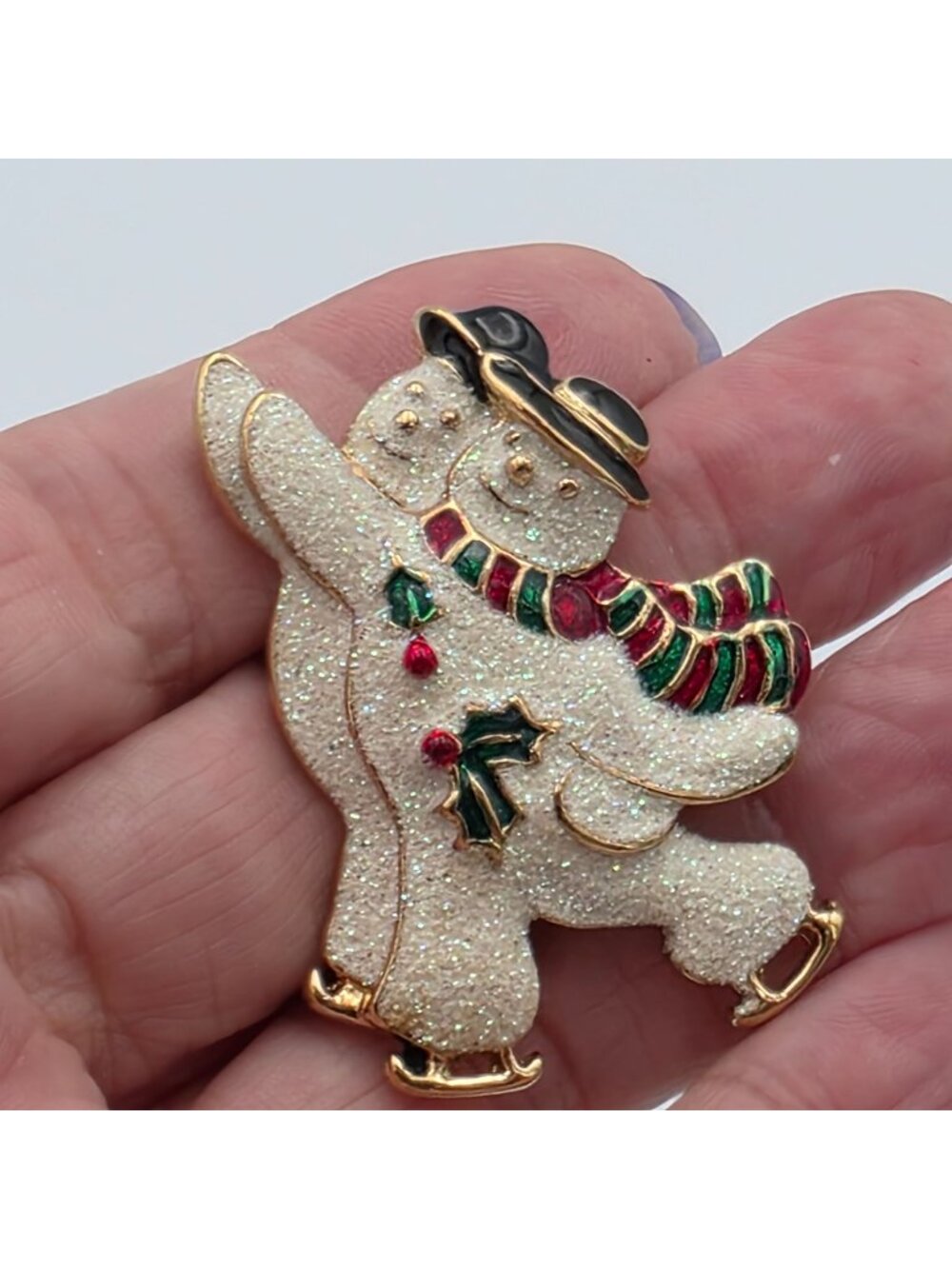 Vintage SFJ Glitter Snowman Brooch Pin Christmas Ice Skating Gold Tone Enamel